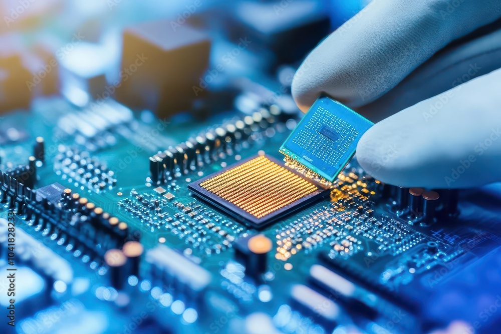 Fototapete Robot assembling microchips, factory floor, top view  Highlighting automation in electronics manufacturing Robotic tone, Monochromatic Color Scheme