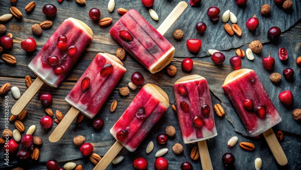 Poster frozen fruit popsicles with mixed nuts and berries on a wooden and stone background