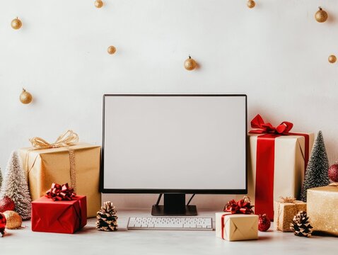 Computer monitor with festive holiday decorations around