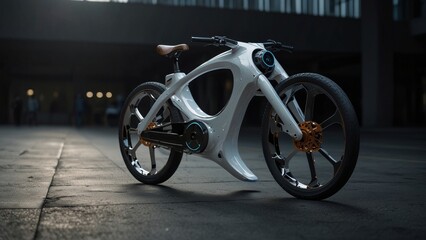 Obraz premium White electric bicycle parked on city street with people walking by