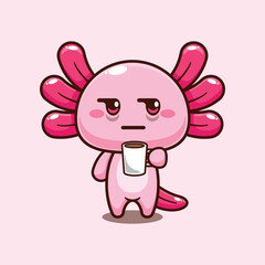 Axolotl sleepy drinking coffee