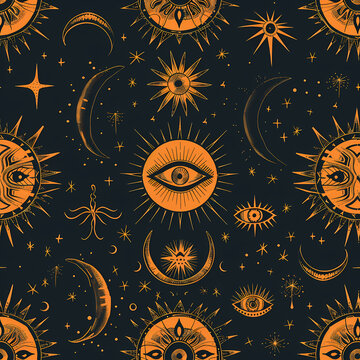 A vibrant pattern featuring suns, moons, and mystical eyes in orange against a dark background, evoking a celestial and mystical atmosphere.