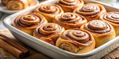 Fototapeta premium A Baking Dish Filled with Freshly Baked Cinnamon Rolls, Ready to be Served