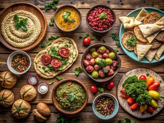 Fototapeta premium Delicious Lebanese Food Spread - Top Down View with Fresh Ingredients and Copy Space for Recipes and Menus