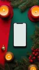 Smartphone on split color background with candles