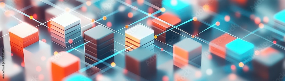 Fototapete Network of buildings linked by floating dots and gradient lines, topdown view of smart city infrastructure, cybernetic tone, Splitcomplementary color scheme