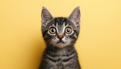 Obraz premium Curious tabby kitten staring at the camera against a bright yellow backdrop
