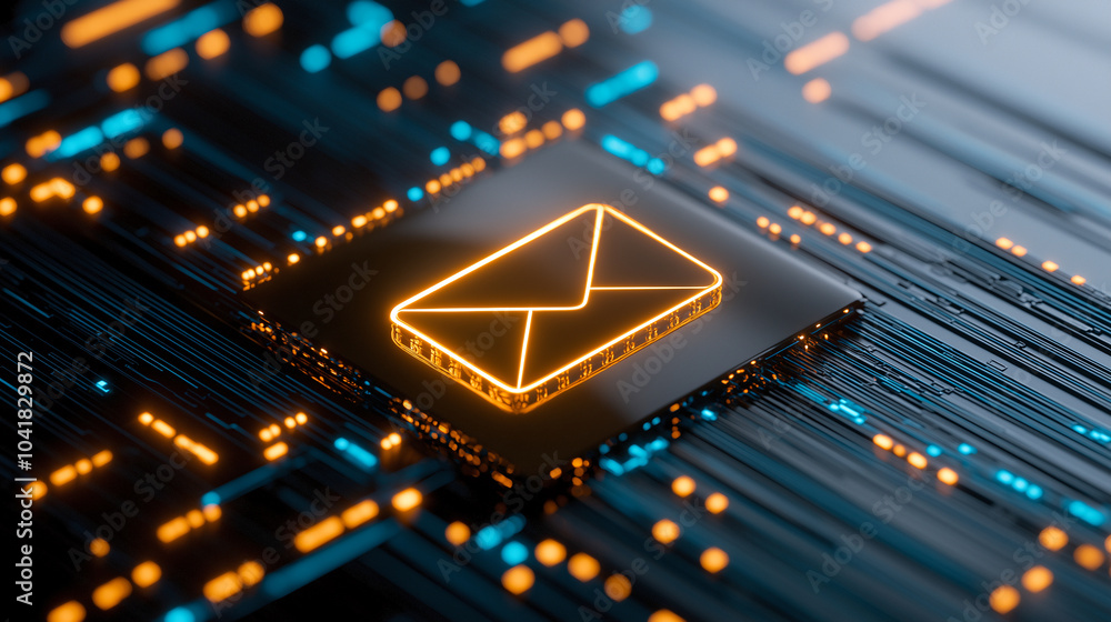 Poster futuristic email interface with glowing envelope icon on digital circuit board, symbolizing advanced