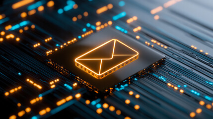 Futuristic email interface with glowing envelope icon on digital circuit board, symbolizing advanced communication technology and connectivity