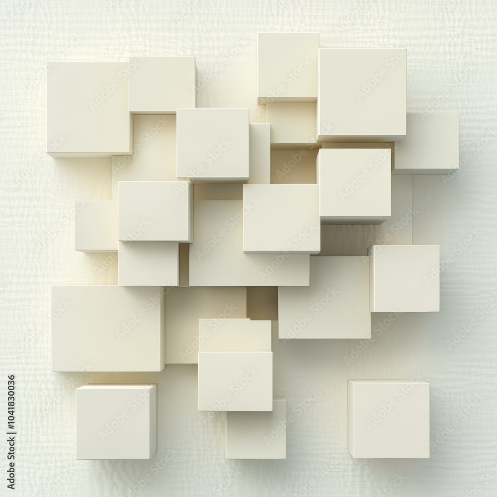 Poster Various cubes of different sizes and shades are interconnected by diagonal lines against a soft, light background, creating an abstract design. Generative AI