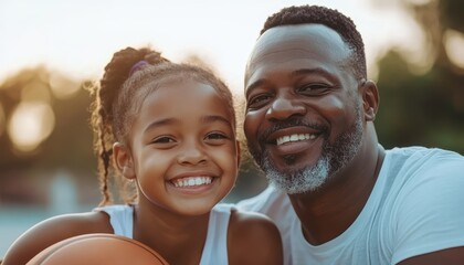 Joyful moments between a grandfather and granddaughter with a basketball at sunset