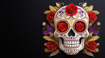 Intricate neon sugar skull adorned with glowing red roses and vibrant floral elements, creating striking visual impact
