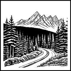 Fototapeta premium Black and white illustration. Mountain landscape on a white background .