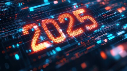 Fototapeta premium Futuristic 2025 digital landscape in neon blue glow