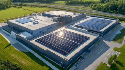 Aerial view of a large-scale data center powered by sustainable energy with solar panels on the roof, surrounded by greenery.