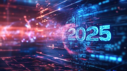 Glowing 2025 amidst digital matrix landscape