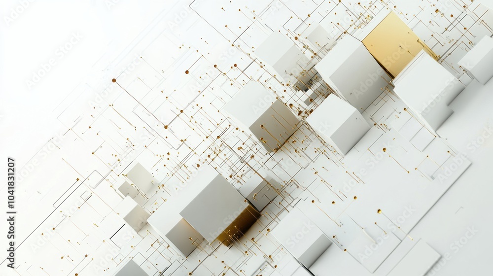 Poster Cubes of different sizes and shades are interconnected by diagonal lines, creating a visually intriguing pattern on a bright background. Generative AI