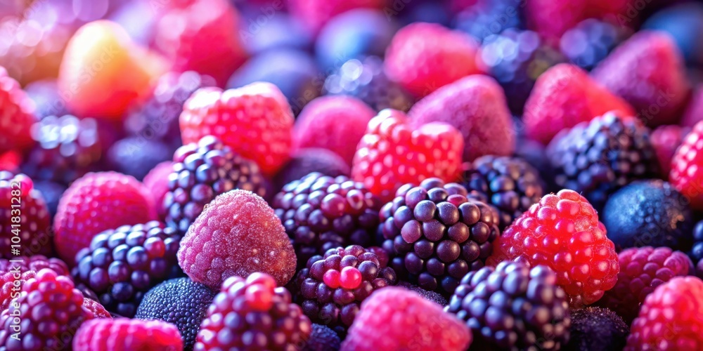 Poster a close-up view of a collection of ripe raspberries and blackberries with a soft, dreamy focus