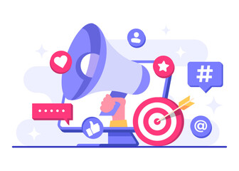 Digital marketing flat vector illustration, Ad campaign and online promotion, advertising content in social networks, Social media campaign, Promotion, E-commerce