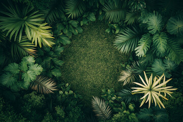 Fototapeta premium Landscape view of tropical plant on grass field, Tropical tree with empty space.