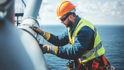 Technician in safety harness repairing offshore wind turbine at sea