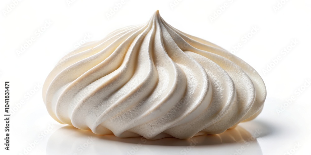 Poster a single, softly swirled meringue, a delicate confection with a creamy white hue, stands isolated ag
