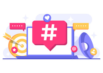 Social media marketing concept flat vector illustration for web banner, mobile app, poster, business content strategy, Hashtag marketing, Digital AD campaign, online promotion, E-commerce