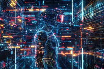 Obraz premium Futuristic VR user in a glowing digital environment