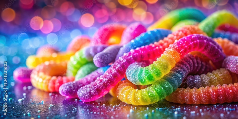 Poster a vibrant assortment of colorful gummy candies, dusted with sugar crystals, set against a shimmering