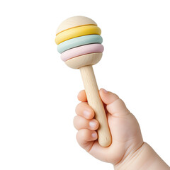  PNG Baby hand holding wooden colorful rattle on white background. Concept of baby wooden toys
