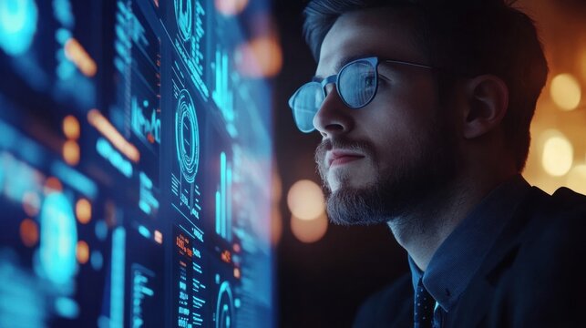 Businessman standing by online payroll system managing automatic salary calculations