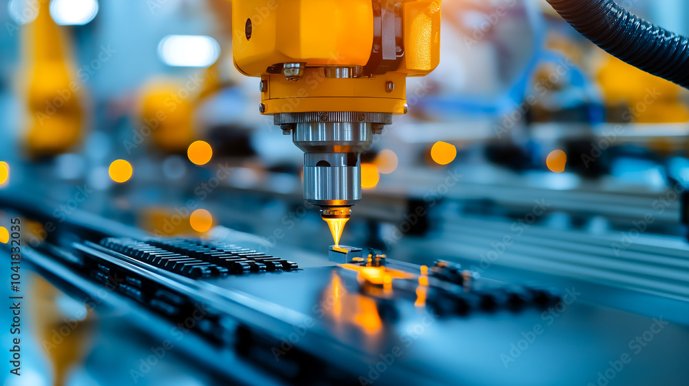 Poster sophisticated factory showcasing advanced robotic technology and precision laser cutting in smart ma