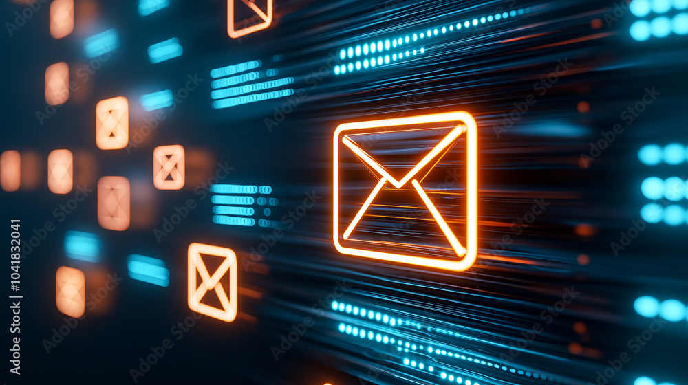 Aufkleber modern email system with data flows represented visually, showcasing vibrant blue and orange colors.