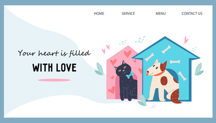 Buying or adoption homeless animals, shelter, donation and help website banner template, flat vector illustration isolated on white background.