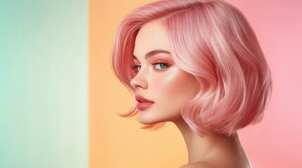 Fototapeta premium Woman with pastel pink hair on colorful background