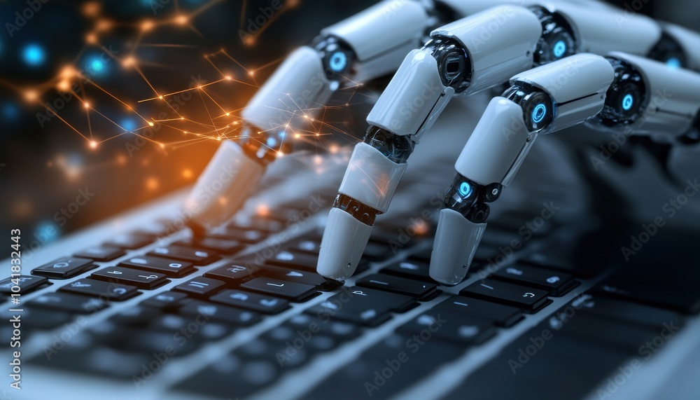 Poster robotic hand typing on keyboard with digital connections in modern workspace