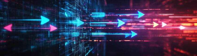 Obraz premium Glowing arrows, 3D holographic effect, futuristic tech grid, abstract digital flow, dark aesthetic