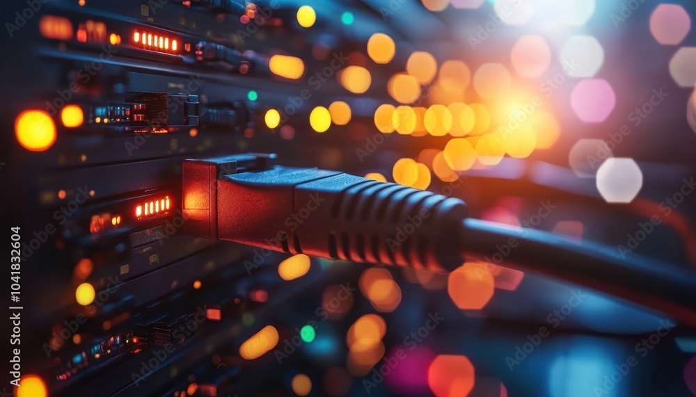 Poster close-up of network cable connecting to server with colorful lights in the background