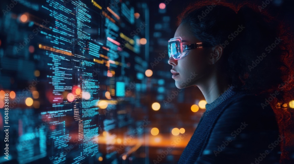 Aufkleber woman coding focus software hologram cyber security night digital data development future technology