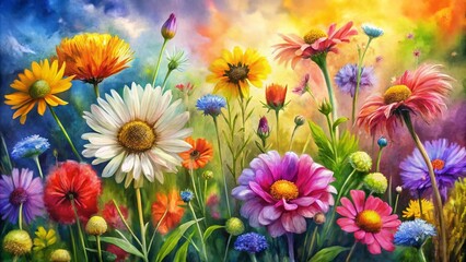 Digital Watercolor Wildflowers Abstract Graphics for Canvas Art and Poster Backgrounds