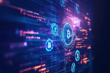 Globe, orbiting blockchain symbols, digital currency transaction flow, neon tech background