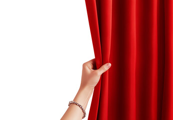 A woman's hand opening red curtain isolated on transparent PNG or white background. Theatre decoration.