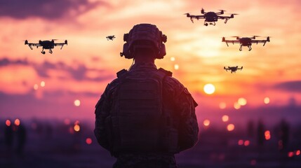 Soldier silhouette with drones futuristic military use technology for scouting surveillance or tactical operations