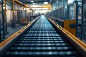Selective focus empty conveyer belt in line process industrial factory, Assembly line process conveyor belt.