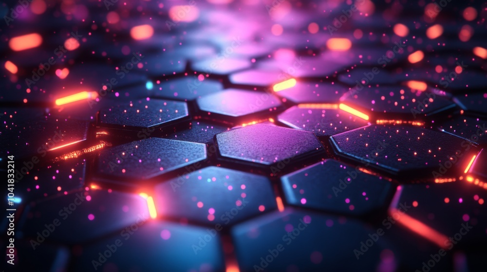 Poster A vibrant, abstract hexagonal pattern emits colorful neon lights in shades of blue and pink, creating a futuristic atmosphere that captivates the viewer attention.