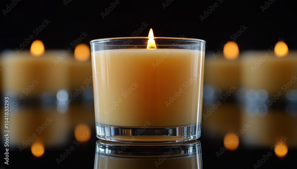 Poster elegant candle glowing in a dark setting with multiple candles in the background