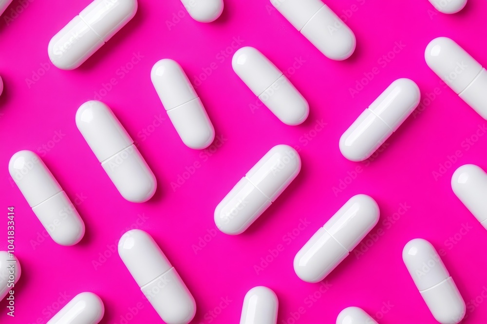 Poster row of white pills are arranged on a pink background. the pills are all the same size and shape, and