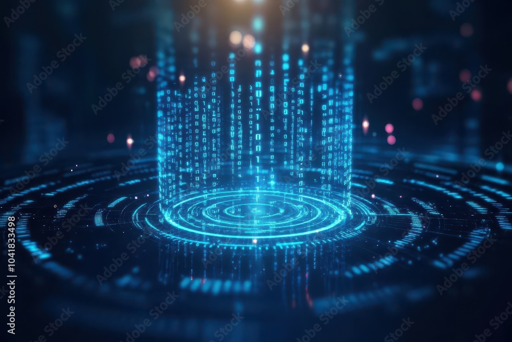 Poster Futuristic binary network, deep blue glow, digital data stream