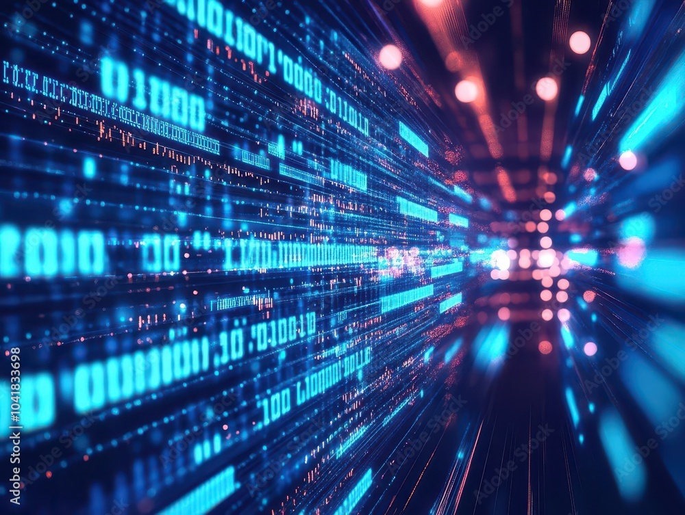 Fototapete flowing data, neon blue binary sequence, futuristic digital stream