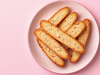 clean white plate holds delicious almond biscotti, arranged neatly against soft pink background. crunchy texture and nutty flavor create delightful treat for any occasion